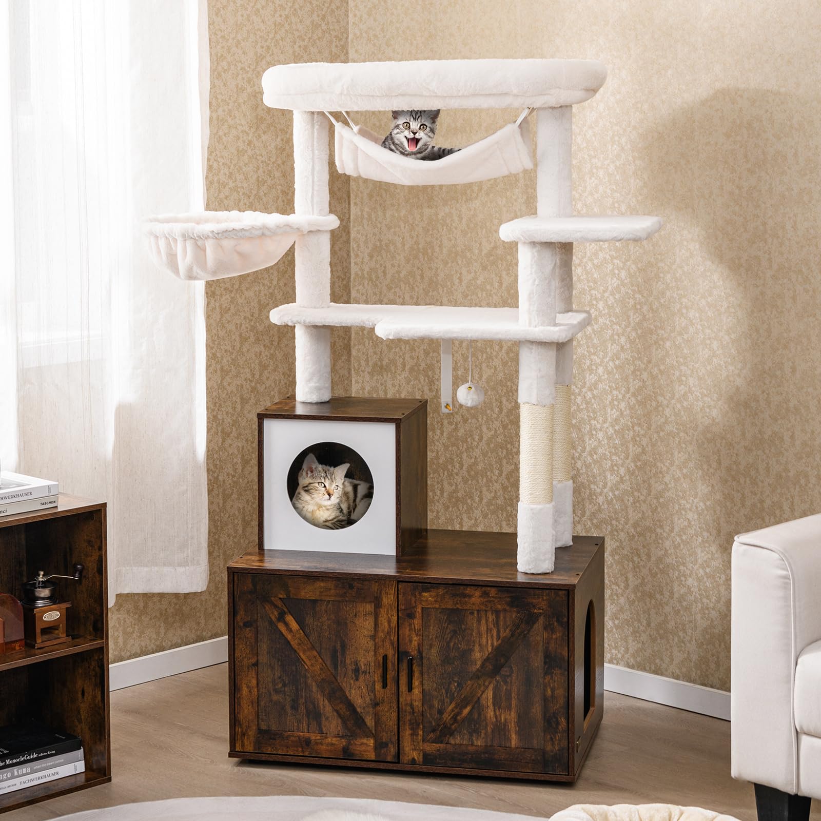 Tangkula Cat Tree with Litter Box Enclosure | Industrial Hidden Litter Box with Cat Tower