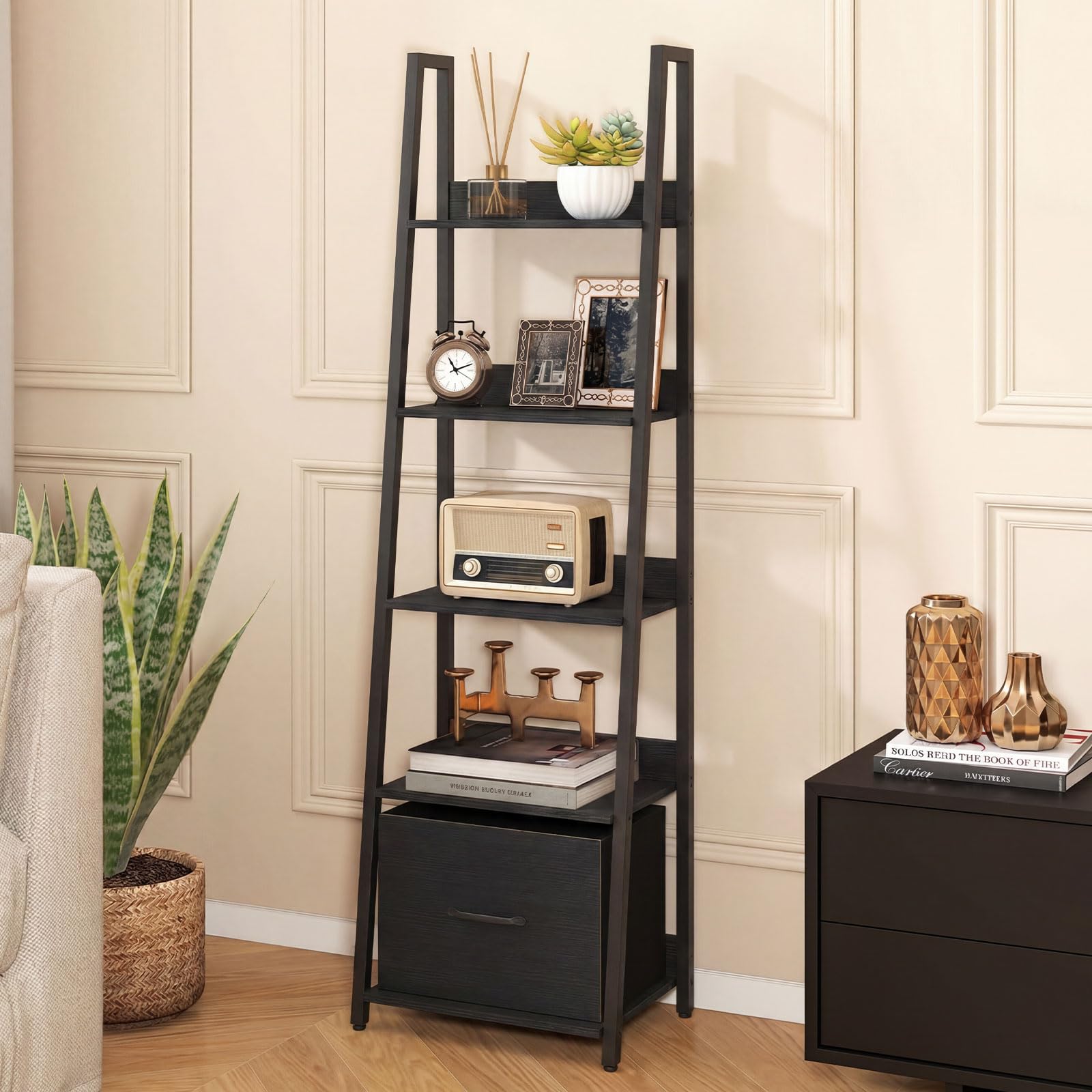 Tangkula 5-Tier Narrow Ladder Bookshelf with Fabric Drawer (1/2)