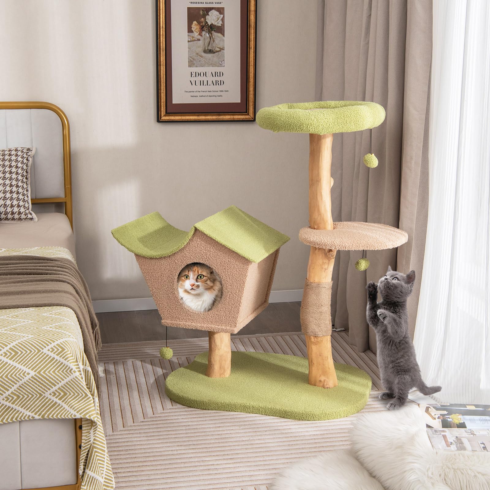 Tangkula Cat Tree, Solid Wood Cat Tower with Jute Scratching Post, Cat Condo, Perch, Jingling Ball