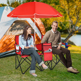 Tangkula Double Camping Chairs with Umbrella, Portable 2 Seat Folding Camp Chair with Cooler Bag
