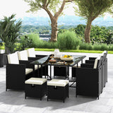 Tangkula 11 Pieces Patio Dining Set, Space-Saving Wicker Chairs & Tempered Glass Table with Ottomans