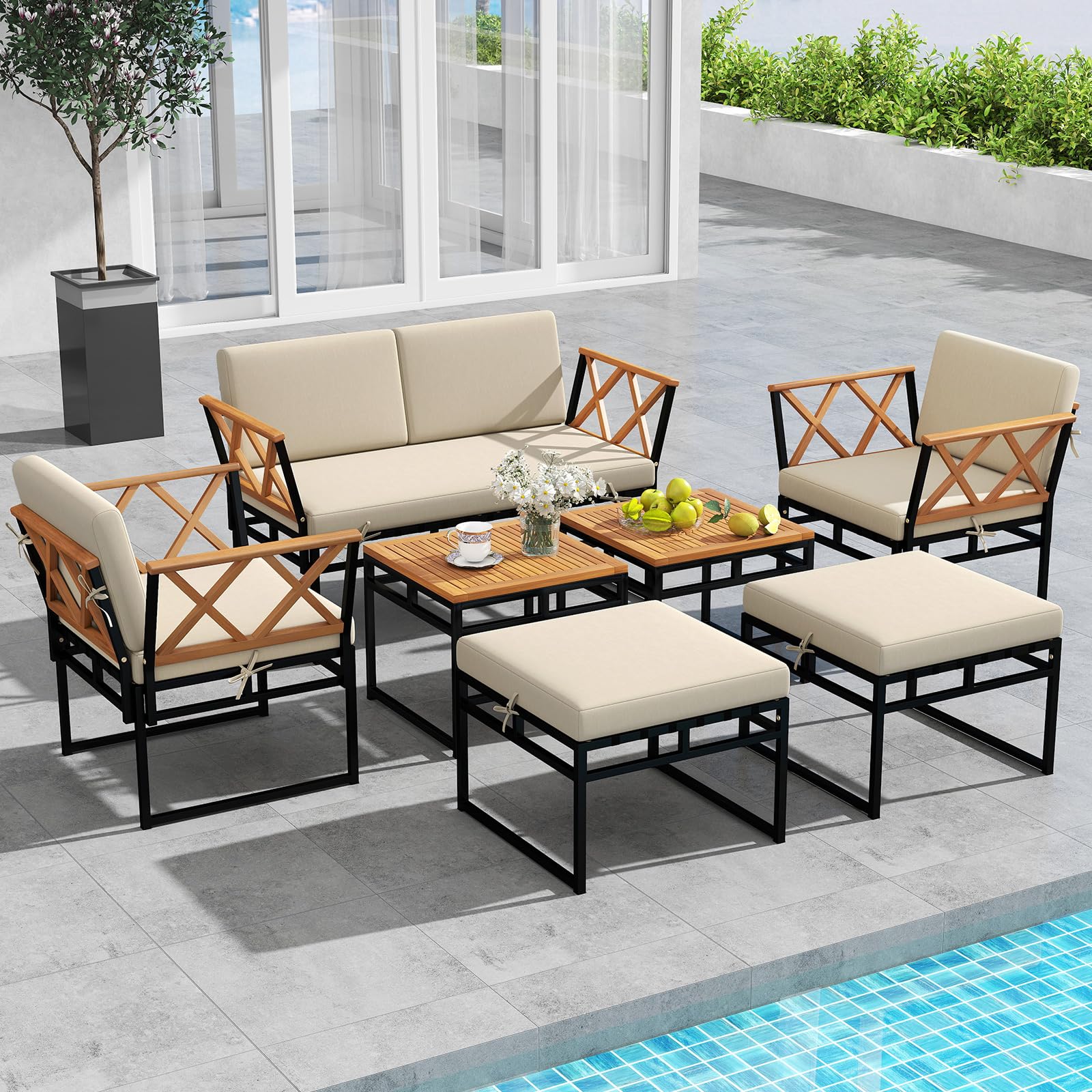 Tangkula 7 Piece Patio Acacia Wood Cushioned Sectional Sofa Set