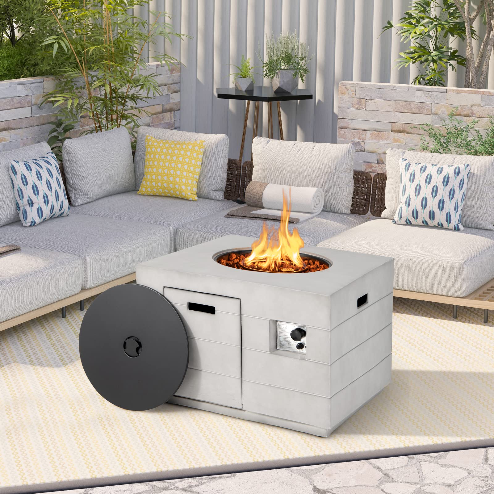 Tangkula 35 Inch Concrete Propane Gas Fire Pit Table, Patiojoy Square Outdoor Propane Fire Table with Protective Cover Lava Rocks & Metal Lid