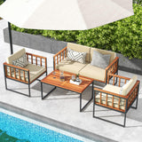 Tangkula Acacia Wood Outdoor Sofa Set, 4 Pieces Outdoor Furniture Set with Heavy Duty Metal Frame