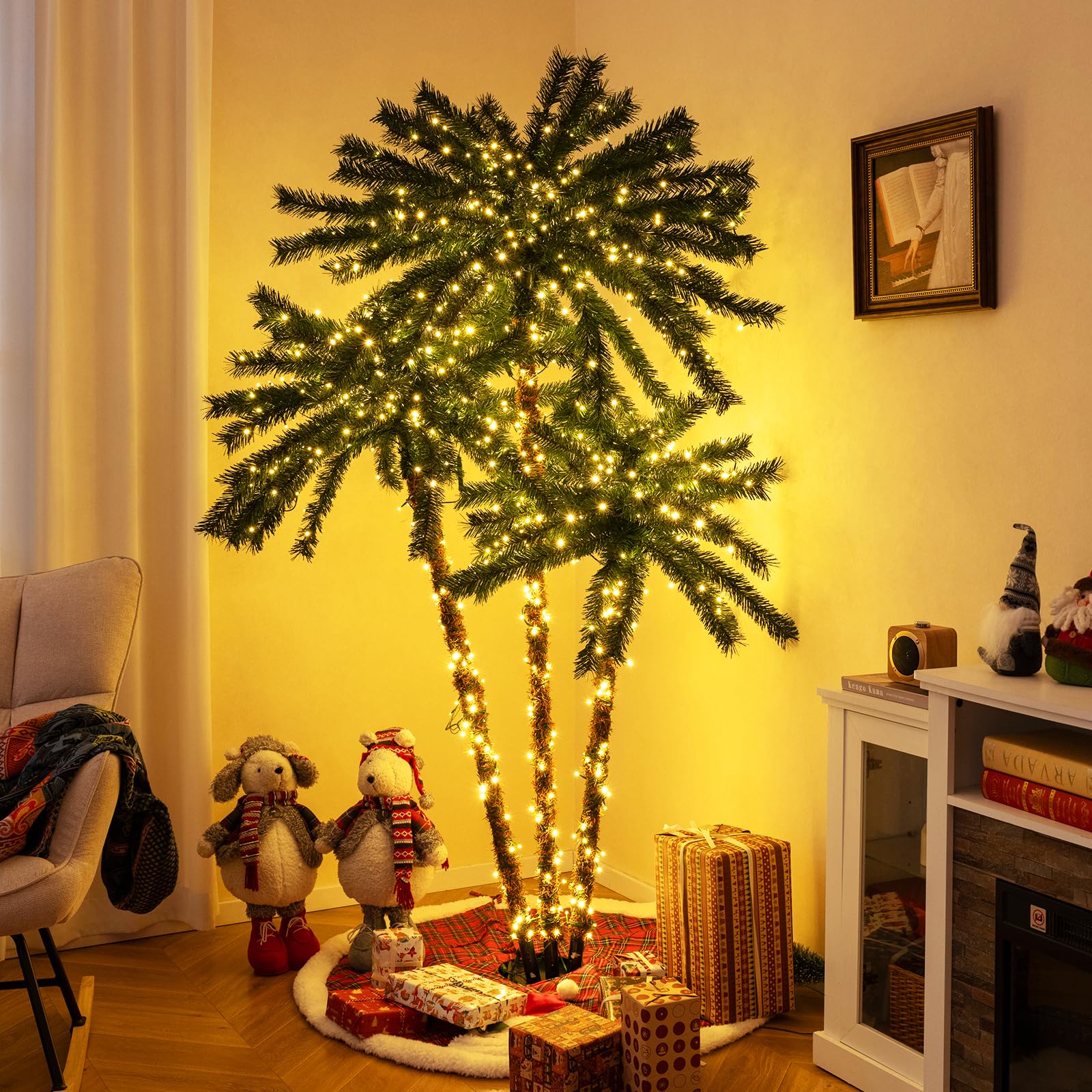 Tangkula 6FT Christmas Lighted Triple Palm Tree
