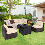 Tangkula 7 Piece Patio Furniture Set w/Fire Pit Table, Patiojoy Outdoor Rattan Conversation Sofa Set