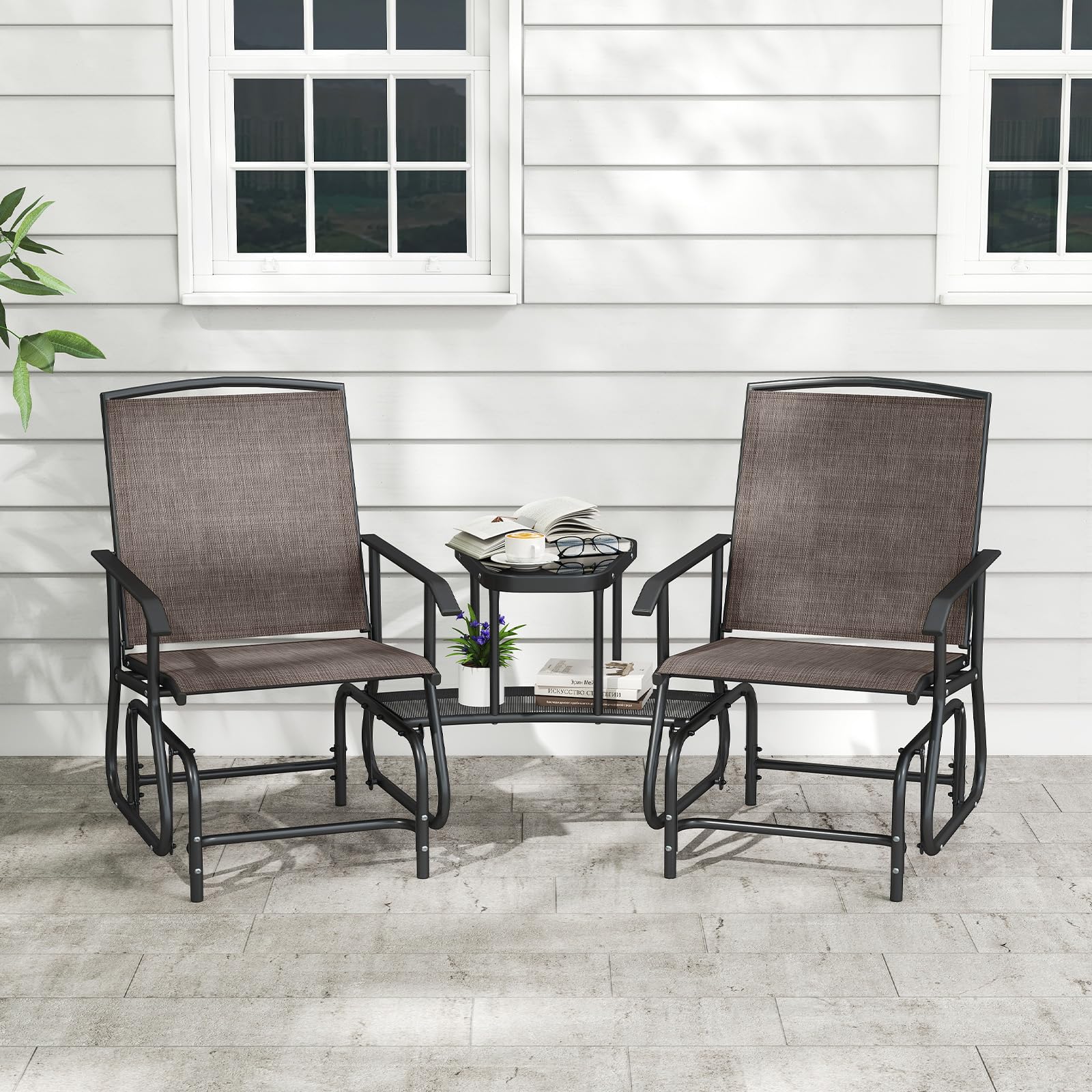 Tangkula 2-Seater Outdoor Glider Bench with 2-Tier Center Table
