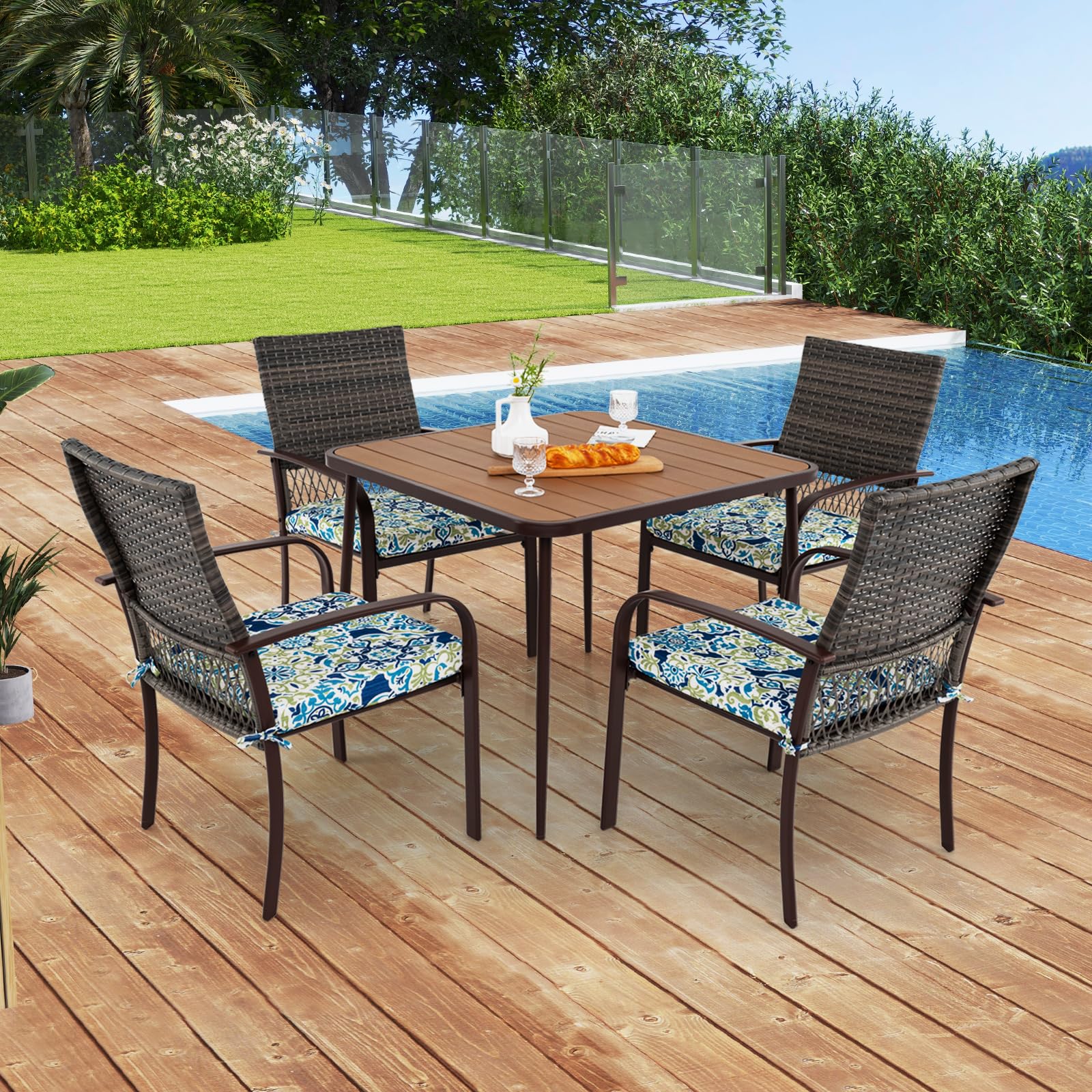 5 pcs patio dining chair set with umbrella hole 5 Pieces Patio Dining Set, 4 Cushioned Rattan Armchairs & Square Table – tangkula