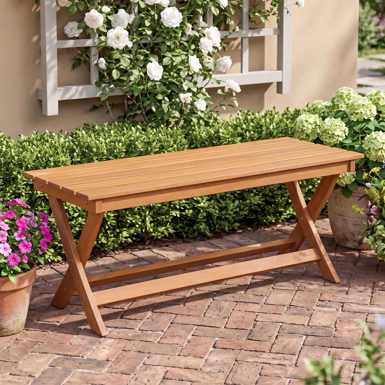 Tangkula Outdoor Wood Bench Backless with X-Shaped Legs & Reinforced Crossbars