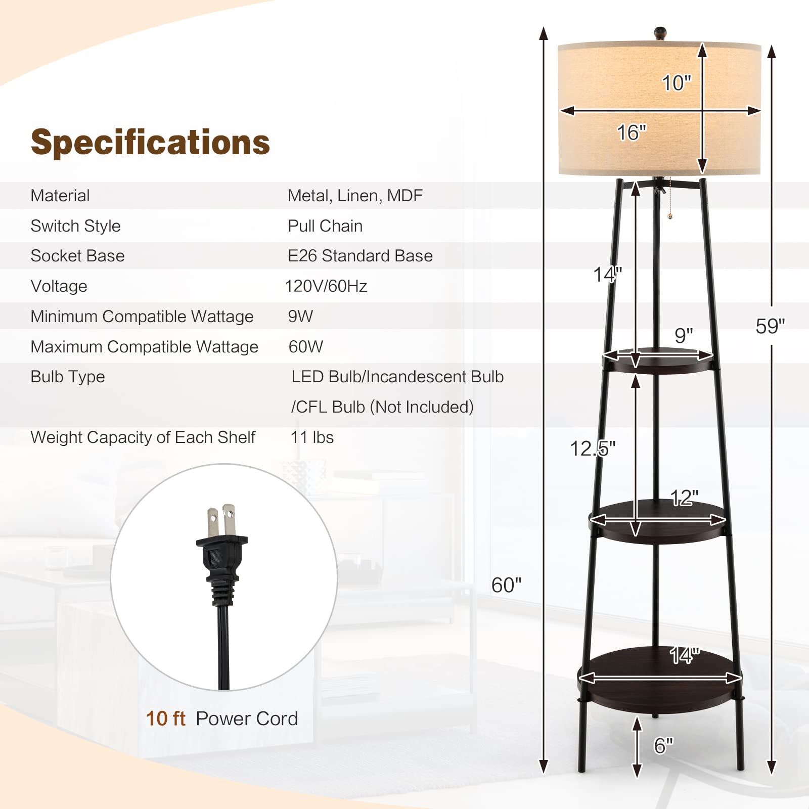 3 Tier Display Floor Lamp with Storage Shelves - Tangkula