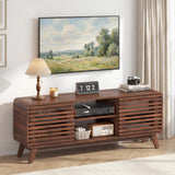 Tangkula Walnut Mid Century Modern TV Stand for 65” TVs with Grille-Style Sliding Doors