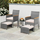 Tangkula 5 Pieces Patio Conversation Set, Outdoor PE Rattan Chairs with Soft Cushions, Ottomans & Tempered Glass Top Table