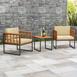 Tangkula 3 Pieces Patio Chair Set, Acacia Wood Outdoor Sofa Set with Metal Support