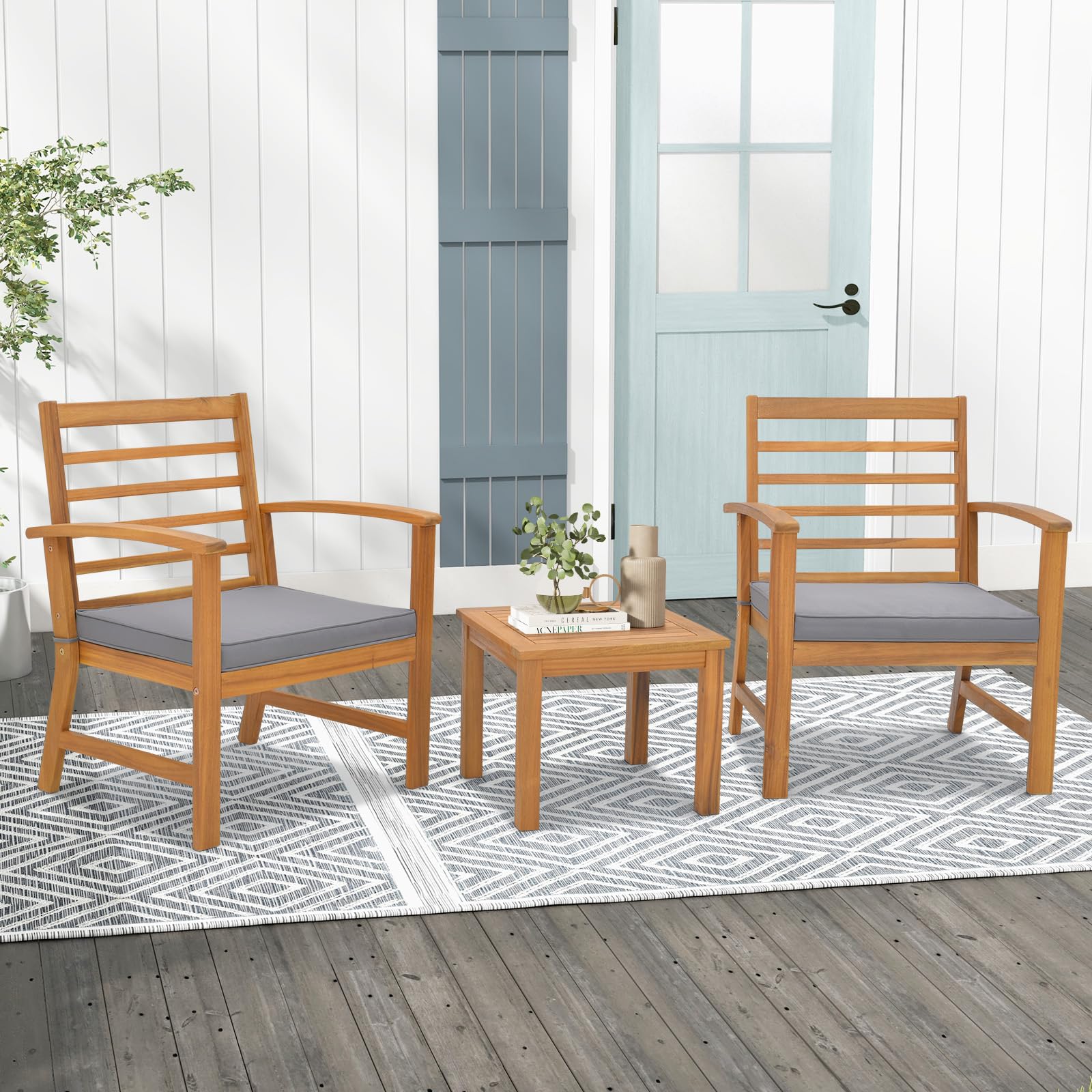 Tangkula 3 Pieces Outdoor Furniture Set, Acacia Wood Conversation Set with Soft Seat Cushions