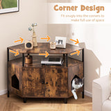 Tangkula Corner Cat Litter Box Enclosure, Decorative Pet Cabinet Furniture with Open Shelf, 2 Entrances