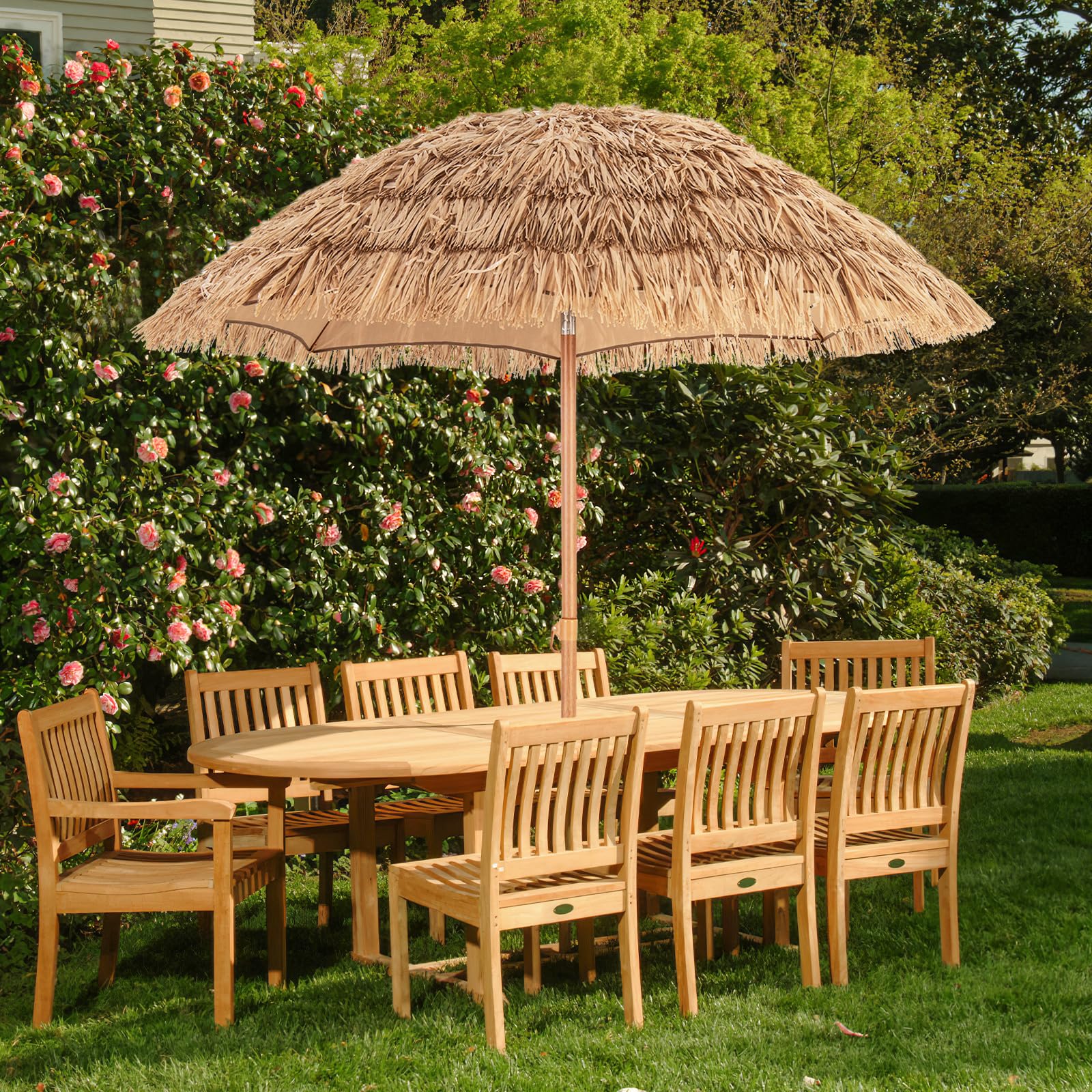 hawaiian print patio umbrellas Tangkula 6.5Ft Tiki Patio Umbrella with Base, Hawaiian Style Outdoor PP Grass Umbrella