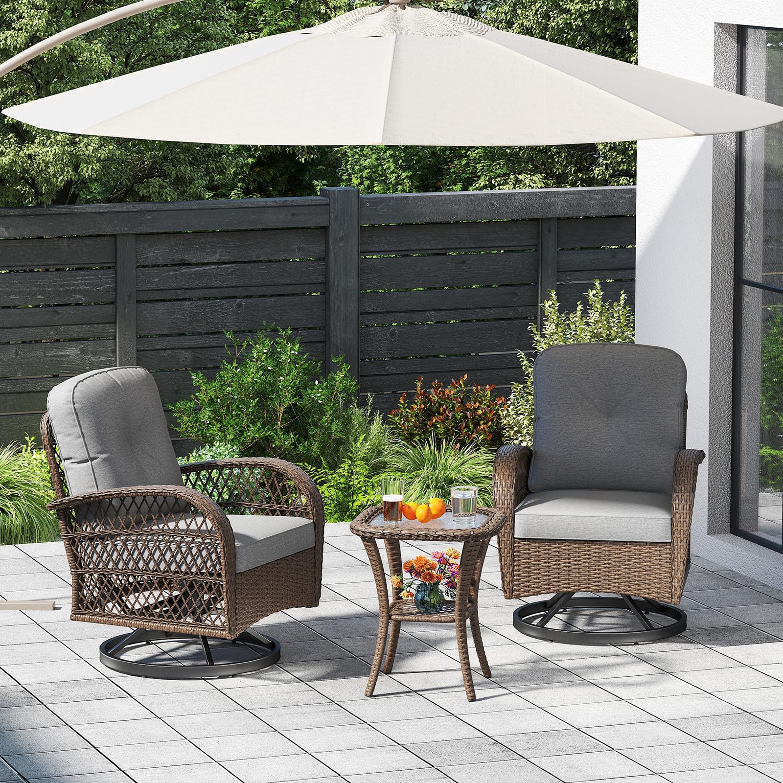Tangkula 3 Piece Patio Swivel Rocker Set with Tempered Glass Side Table