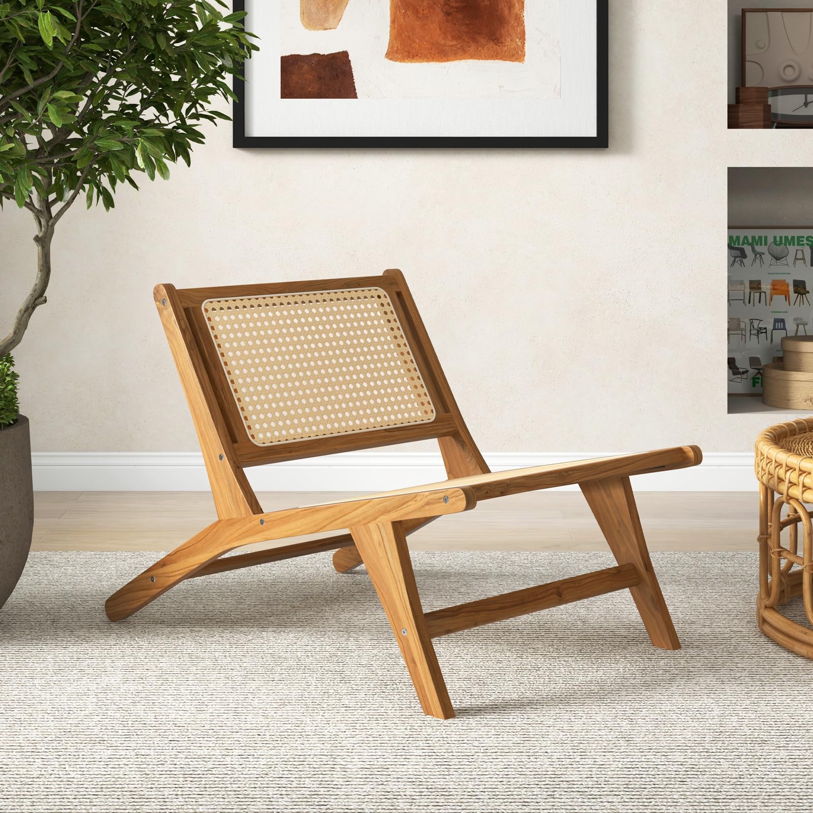 Tangkula Teak Wooden Chair, Mid Century Modern Accent Chair with Handwoven Rattan Seat & Backrest for Living Room Bedroom Office Indoor