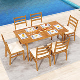 Tangkula 7 Pieces Patio Acacia Wood Dining Set Outdoor Table and 6 Cushioned Chairs