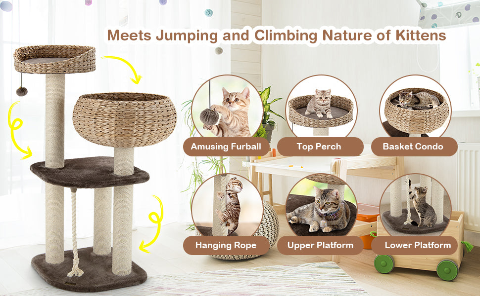 Tangkula Modern Cat Tree for Indoor Cats, 41 Inch Tall Cat Tree with Hand-Made Wicker Cat Condo & Top Perch for Large Cats