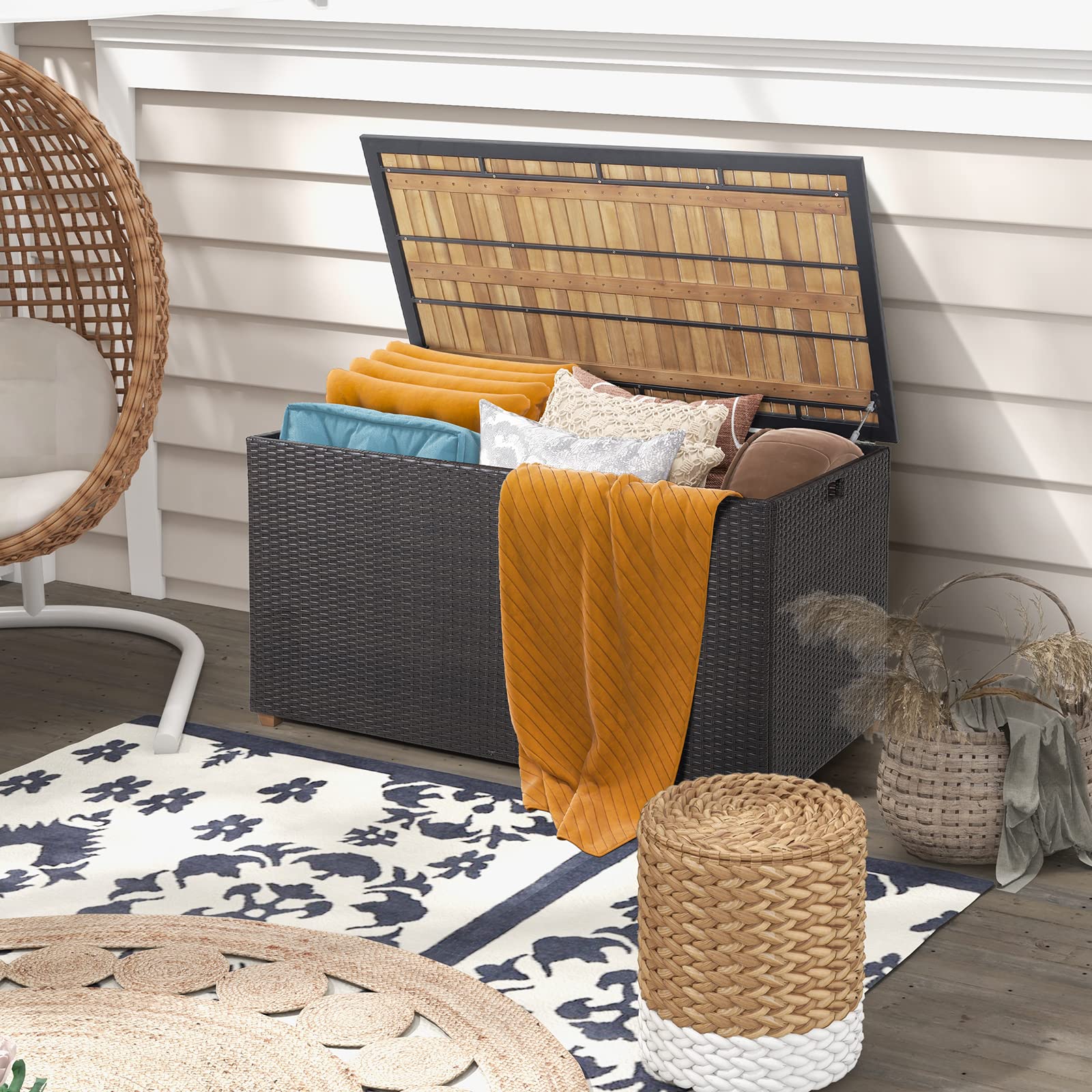 Tangkula 134 Gallon Outdoor Storage Box, Wicker Patio Deck Box with Solid Acacia Wood and Waterproof Zippered Liner
