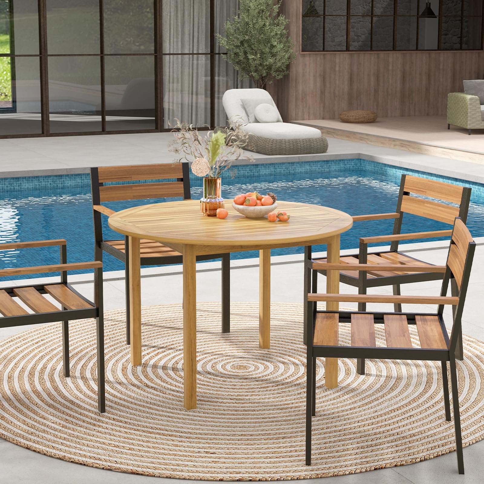 Round Outdoor Dining Table, Acacia Wood Dining Table - Tangkula