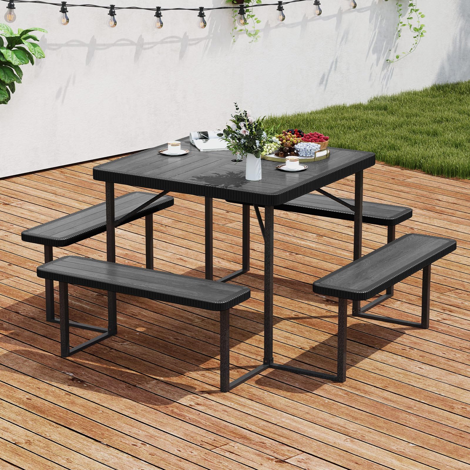 Tangkula 8 Person HDPE Outdoor Square Table and Bench Set with 4 Built-in Benches