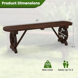 Tangkula Patio Rustic Wood Bench, Carbonized Wood Long Bench with Wagon Wheel Base, Slatted Seat Design