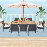 Tangkula 9 Pieces Patio Rattan Dining Set with Acacia Wood Table, Outdoor Table and Chairs Set with Cushions