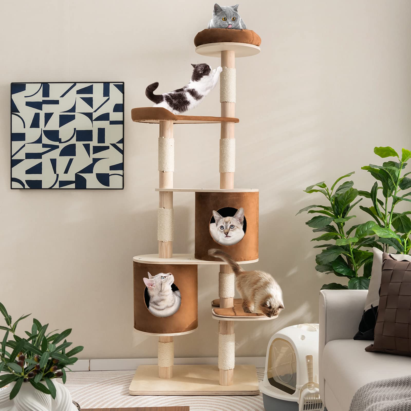 rubber tree cat Tangkula 75 Inch Tall Cat Tree for Indoor Cats, Natural Solid Rubber W – tangkula