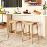 Tangkula Teak Wood Bar Stool, 29” Patio Rattan Barstool with Footrest & Saddle Seat