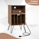 Tangkula Record Player Stand with Charging Station, Turntable Stand with Metal Legs, Vinyl Record Storage Cabinet