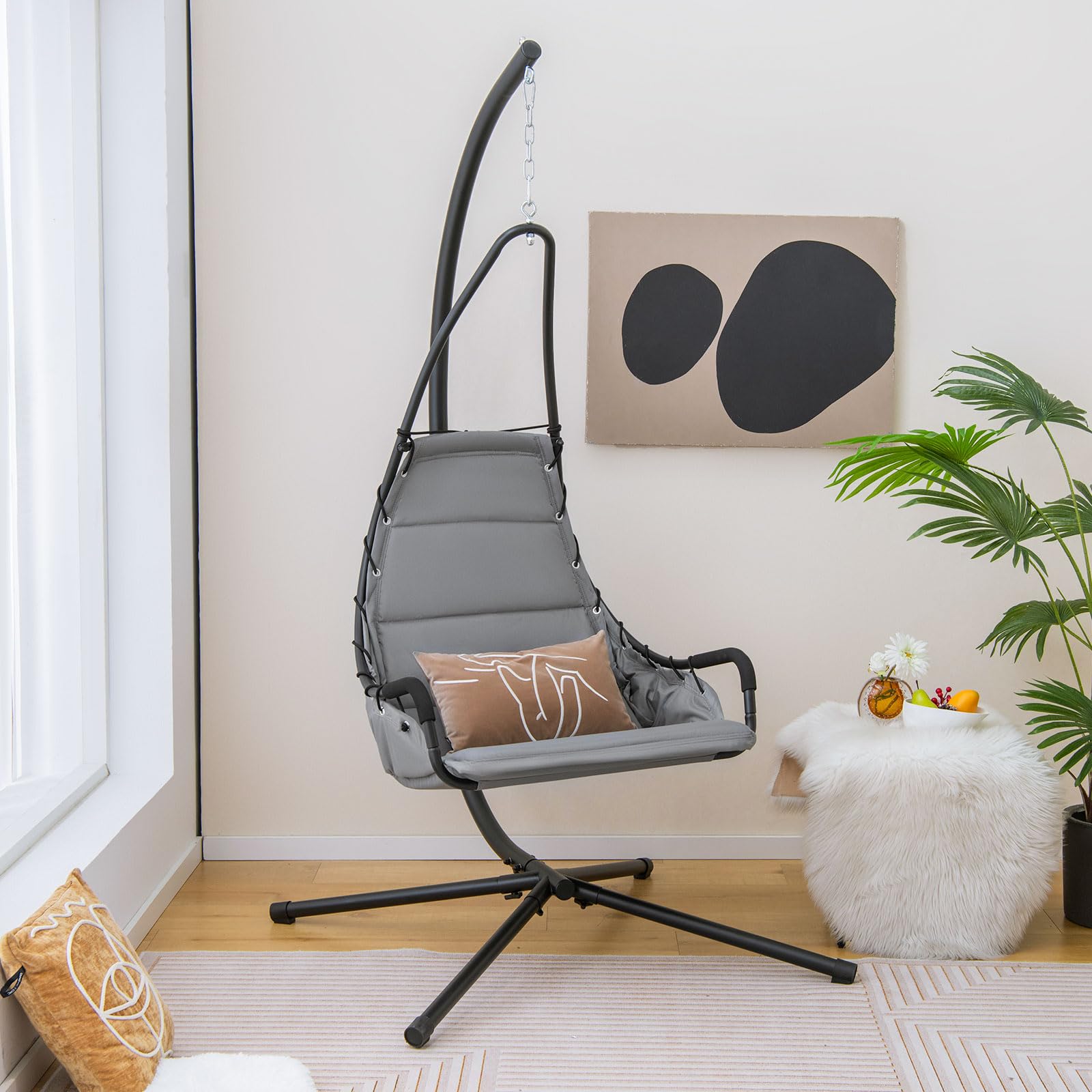 Tangkula Swing Chair with Stand, Hanging Egg Chair with Cushion, Indoor Outdoor Hammock Chair