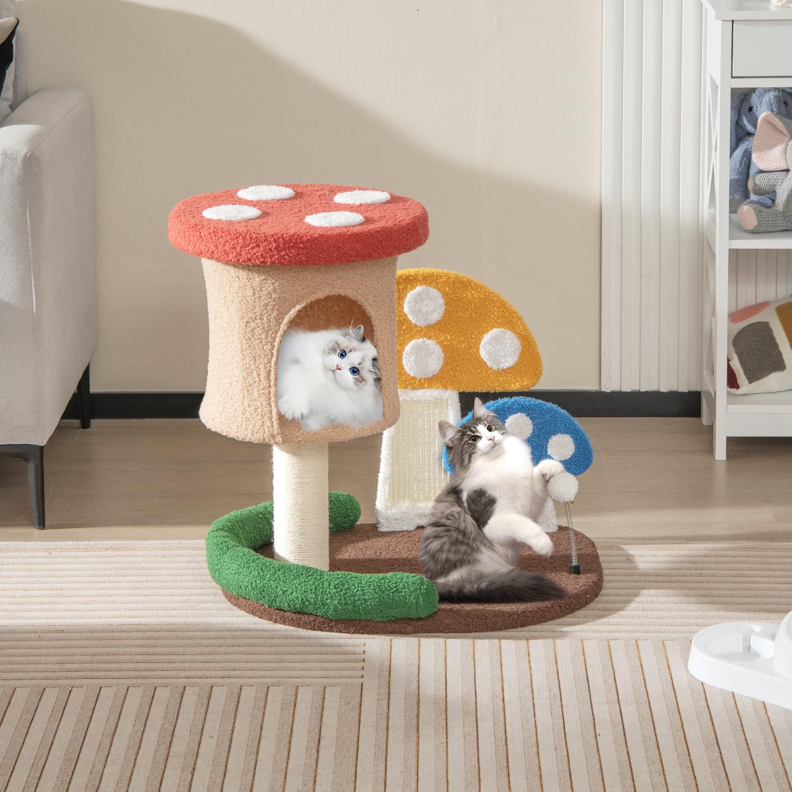 Tangkula Mushroom Cat Tree, Cute Cat Tower with Full-Wrapped Sisal Post, Scratching Board & Spring Ball