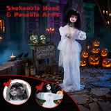 Tangkula 4 FT Animated Halloween Doll Girl with Shaking Head & Posable Arms