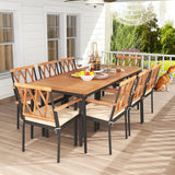 Tangkula 9-Piece Patio Dining Set, Outdoor Acacia Wood Dining Table with 1.9" Umbrella Hole& 8 Dining Chairs with Cross Hollow Back and Seat Cushions
