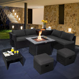 Tangkula 9 Pieces Outdoor PE Rattan Sectional Sofa with 35-Inch Gas Fire Pit Table