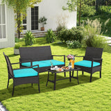 Tangkula 4 Pieces Rattan Conversation Set, Patio Sofa Couch Set with Tempered Glass Coffee Table