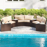 Tangkula Rattan Half-Moon Curved Sectional Cushioned Sofas with Side Tables