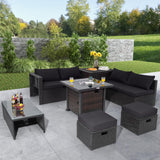 Tangkula 9 Pieces Patio Furniture Set with 32” Fire Pit Table, 50,000 BTU Square Propane Fire Pit
