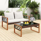 Tangkula 2 Pieces Outdoor Acacia Wood Loveseat and Table Set