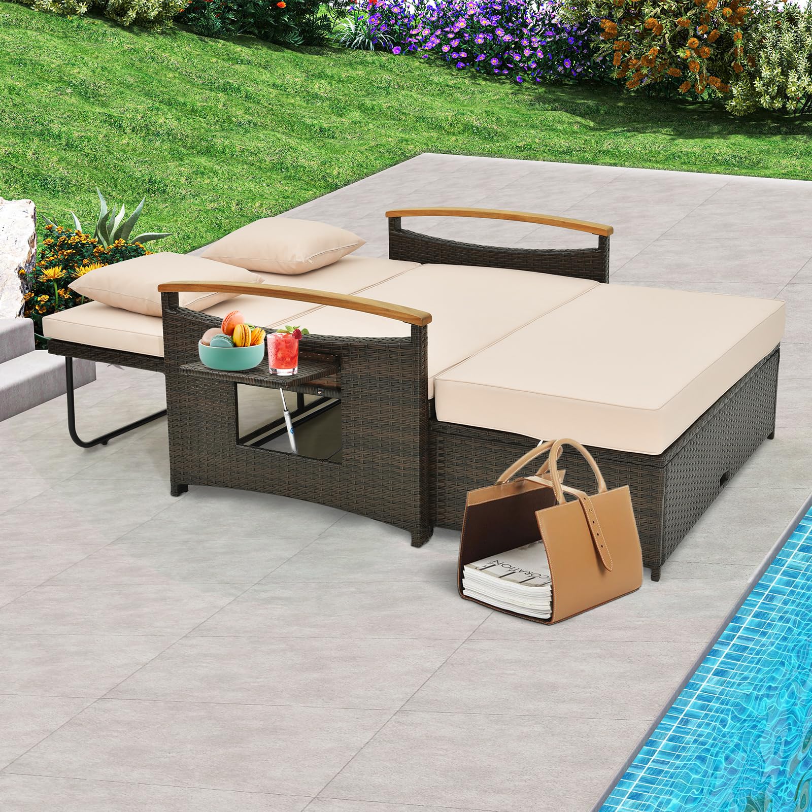 Outdoor Rocking Daybed Tangkula Patio Rattan Daybed Set with Cushioned Loveseat and Storage O ...
