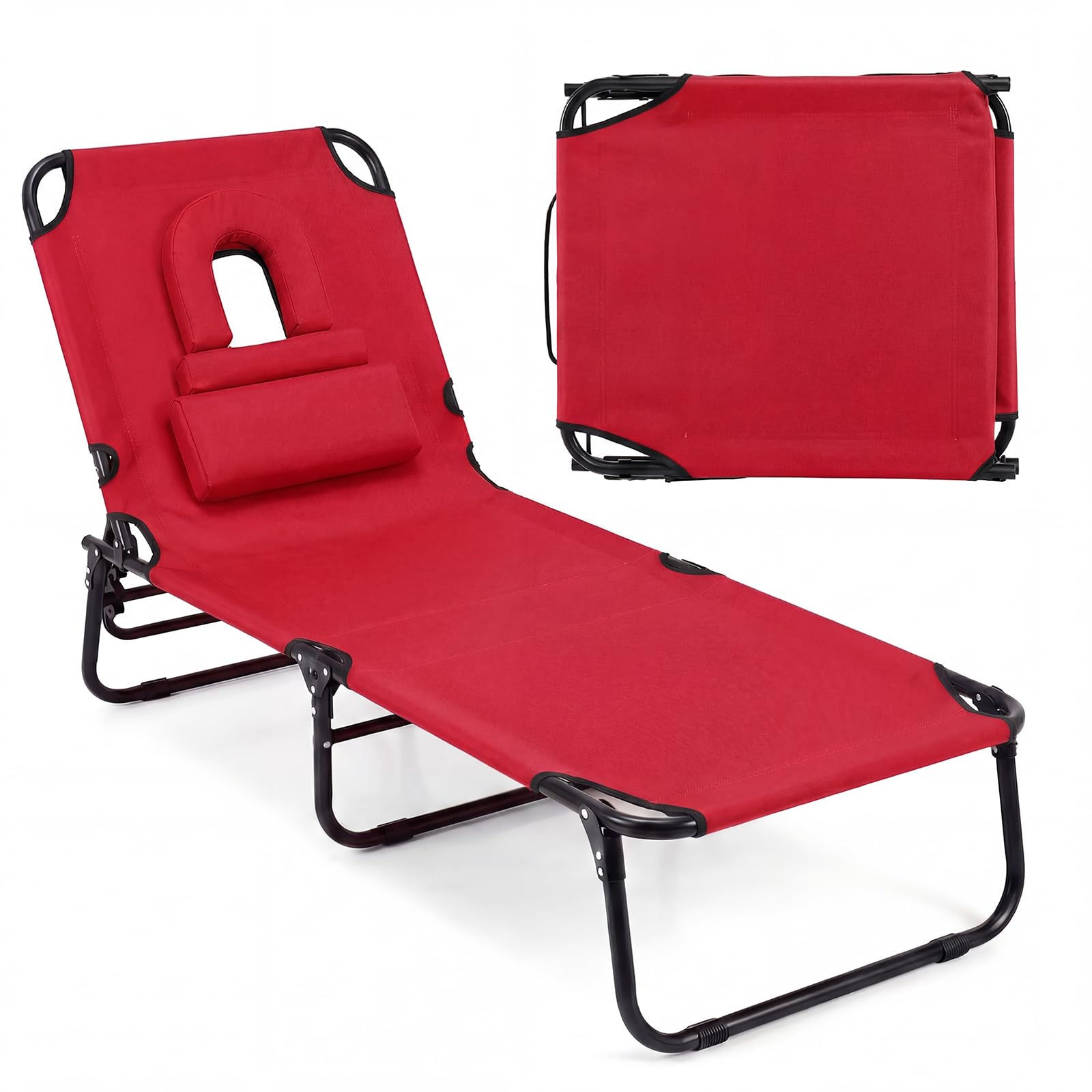 Tangkula Beach Lounge Chair, Folding Sunbathing Recliner with Face Hole