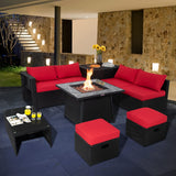 Tangkula 9 Pieces Outdoor PE Rattan Sectional Sofa with 35-Inch Gas Fire Pit Table