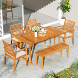 Tangkula 6 Pieces Outdoor Acacia Wood Dining Set with Umbrella Hole and 4 Cushioned Chairs and Bench
