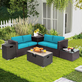 Tangkula 6 Pieces Patio Wicker Furniture Set with 32 Inches Propane Fire Pit Table and Tank Holder