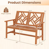 Tangkula Outdoor Bench Wood 2-Person Patio Loveseat Chair with Geometric Backrest