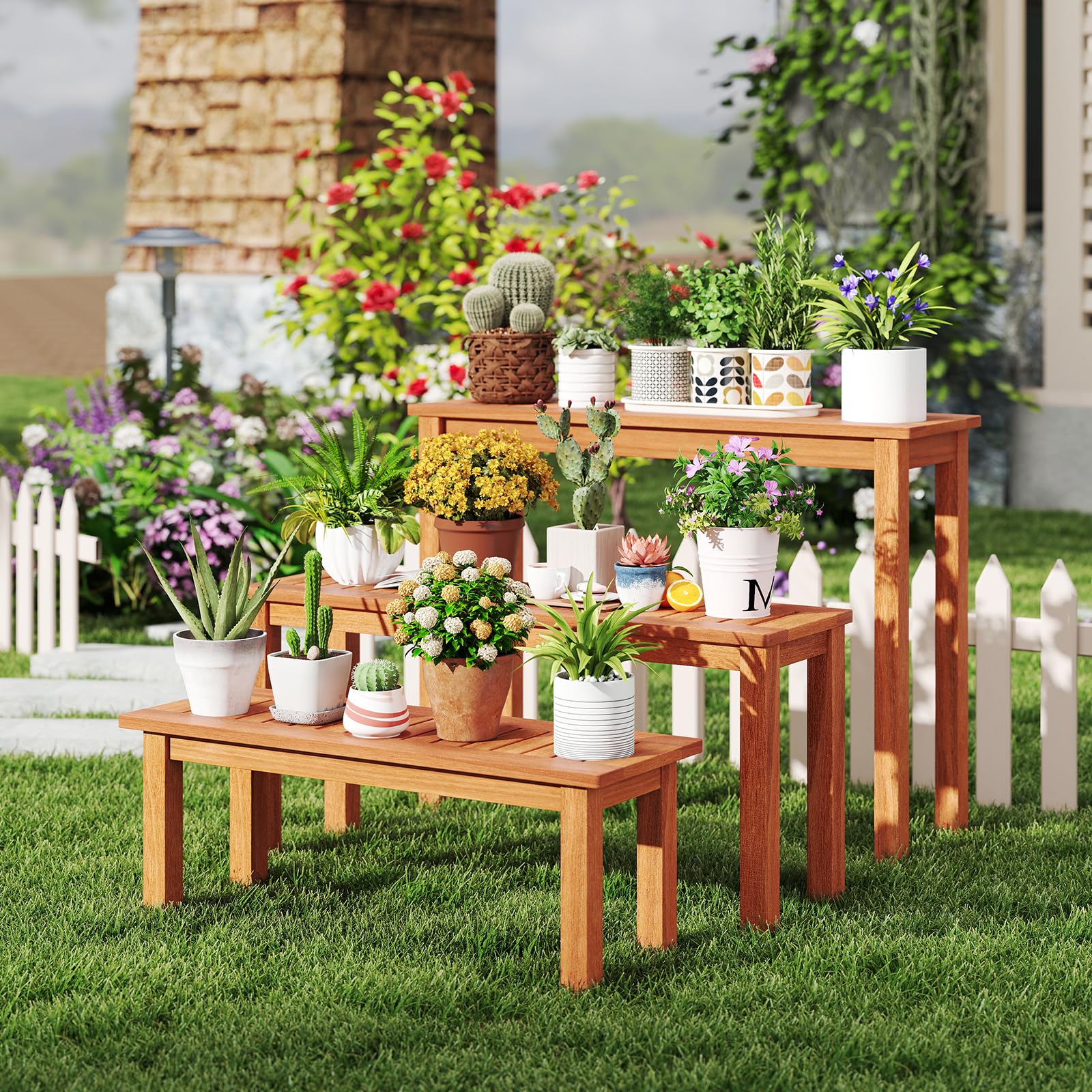 wooden garden plant pots Tangkula Wooden Plant Stand Set of 3 for Patio Garden Entryway Front Porch