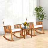 Tangkula 3 Pieces Acacia Wood Rocking Bistro Set, Rocker Chairs Conversation Set with Coffee Table and Cushions for Lawn, Balcony, Backyard