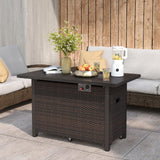 Tangkula Outdoor Propane Fire Pit Table, 42 Inch Rectangular Rattan Fire Table with Wind Guard & Glass Rocks